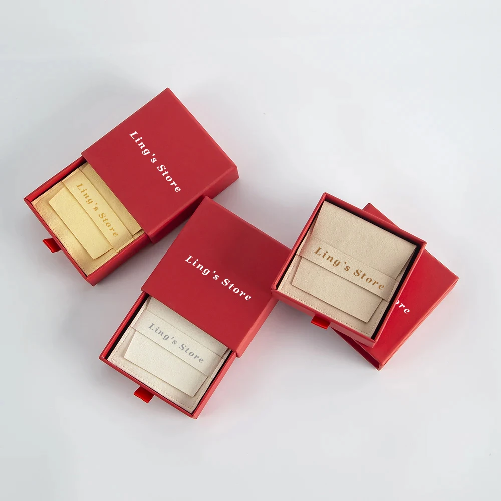 

7x7x1.7cm Personalized Red Paper Drawer Box with Microfiber Gift Bag Pouch Custom Logo Small Jewelry Christmas Packaging
