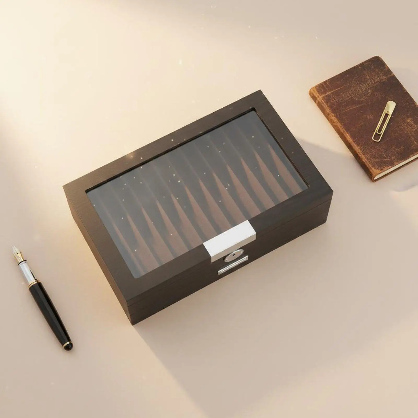 Large Wooden Pen Holder Display Case for 12 23 34 Pens Desk Storage Box with Key Lock Glass Top