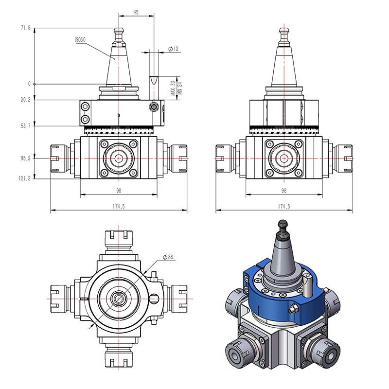 Kop voor HQD-hoekfreeskop geïnstalleerd op 9 kW/12 kW spindel ISO30 / HSK63F gereedschapswisselaar kan worden gebruikt voor nc-werktuigmachines