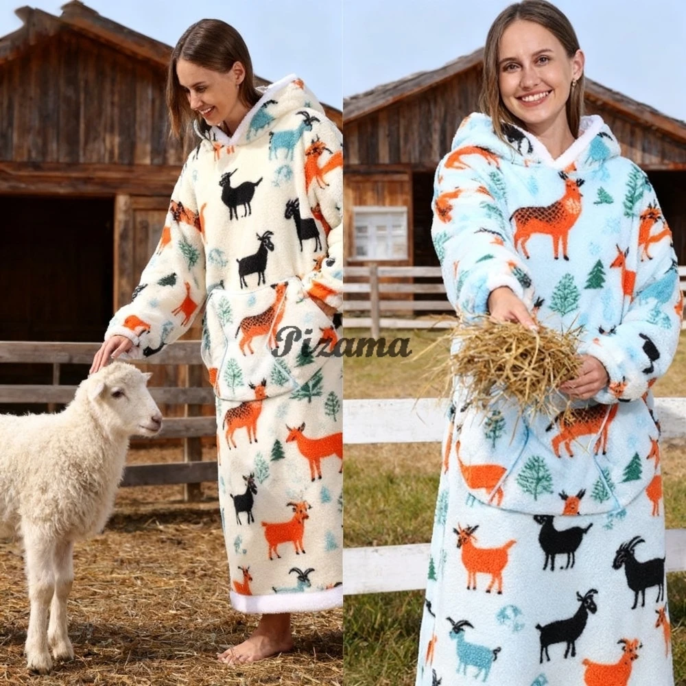 عيد الميلاد سوبر طويلة قطعة واحدة مقنعين المتضخم يمكن ارتداؤها التلفزيون البطانيات الرجال الرنة عيد الميلاد البشكير الكبار نايتي ارتداء أردية الحمام #5