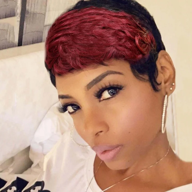 

Pixie Cut Machine Made Wig for Women 1B99 Black with White Highlights Short Layered Human Hair
