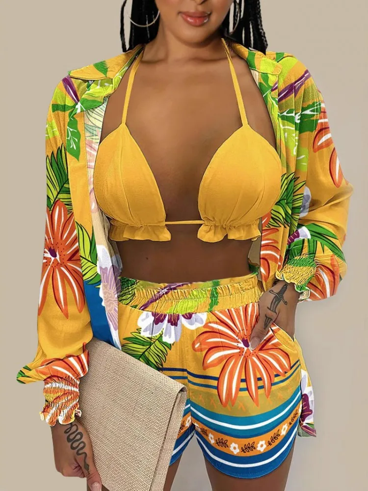 Set da 3 pezzi Sexy 2025 Estate Primavera Moda Donna Set Camicia a maniche lunghe con fiori femminili Top e pantaloncini Abito coordinato