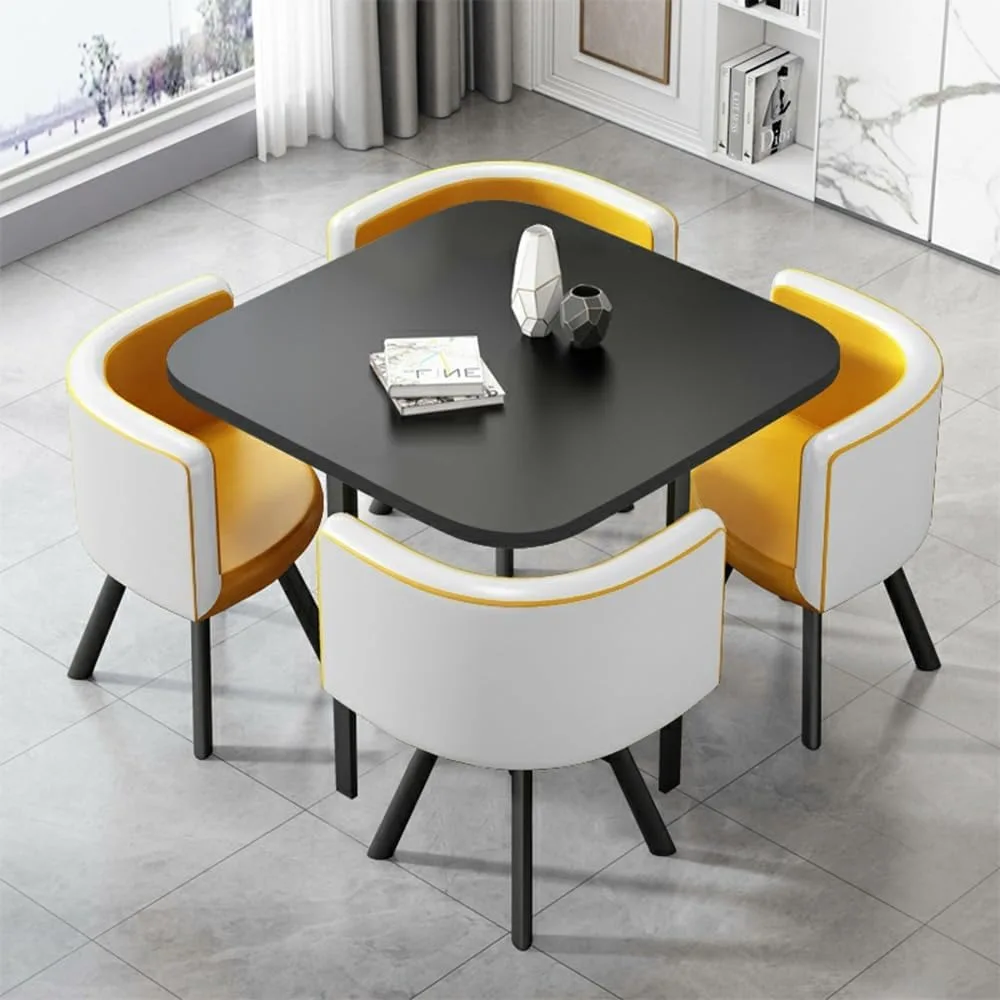 

Стол и стулья для столовой на 4-х современных кофейных столов с 4 мягкими стульями — набор из 5 предметов: черный квадратный стол и желтый-W