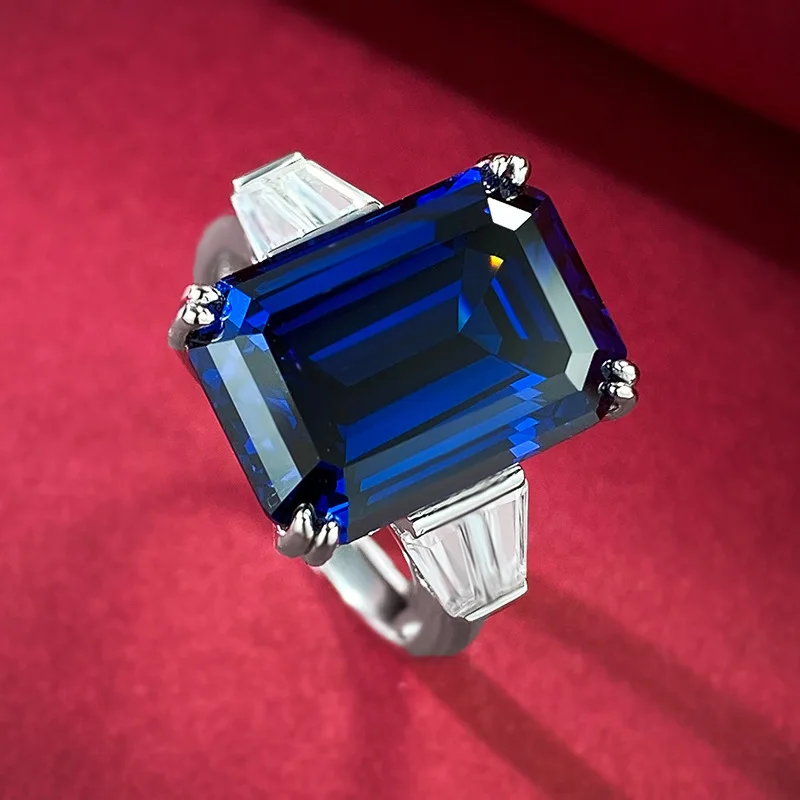 

New S925 Silver Emerald Cut 10*14 Royal Blue Sapphire Ring for Women Female European