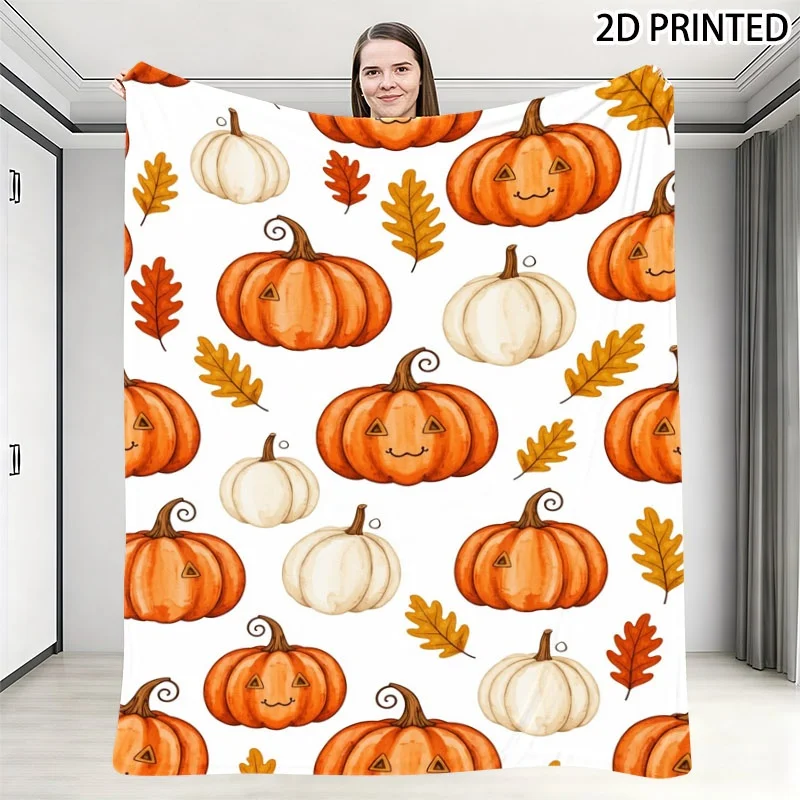Playful Smiley Face Pumpkin And Autumn Leaf Print Throw Blanket, Festive Whimsical Fall Halloween Themed Small Nap Blanket with