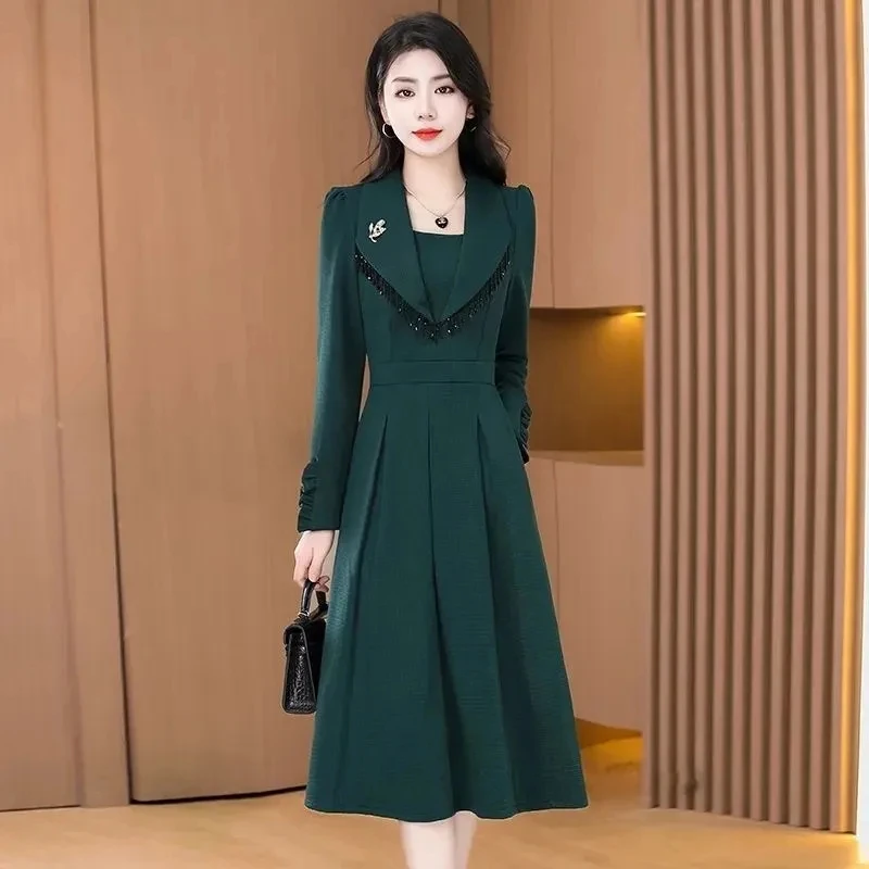 Spring Autumn Women Dress New Solid Color Long Sleeved Fake Two Piece Dress Elegant Female Mid Length Party Dresses Vestidos