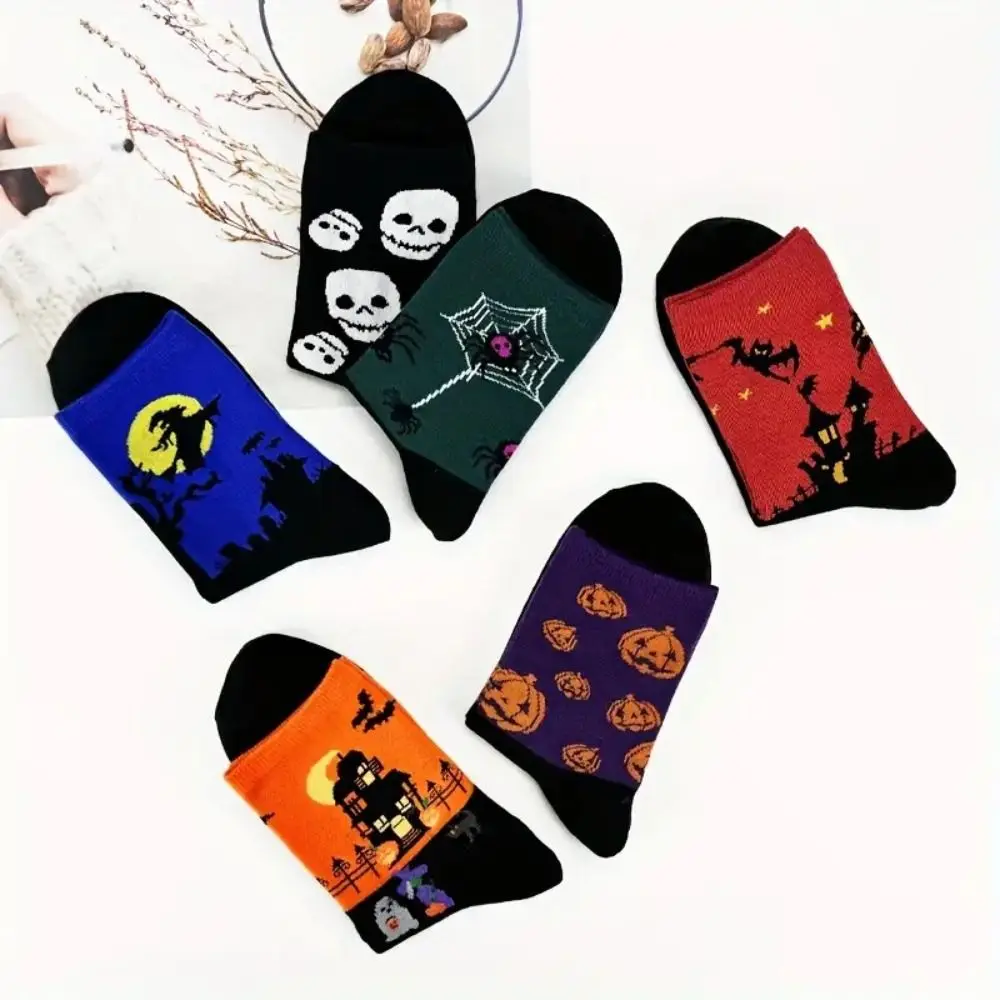 6Pairs Anti-slip Cartoon Halloween Socks Skull Spider Tube Sock Women Patchwork Bat Mid-Calf Socks Outdoor