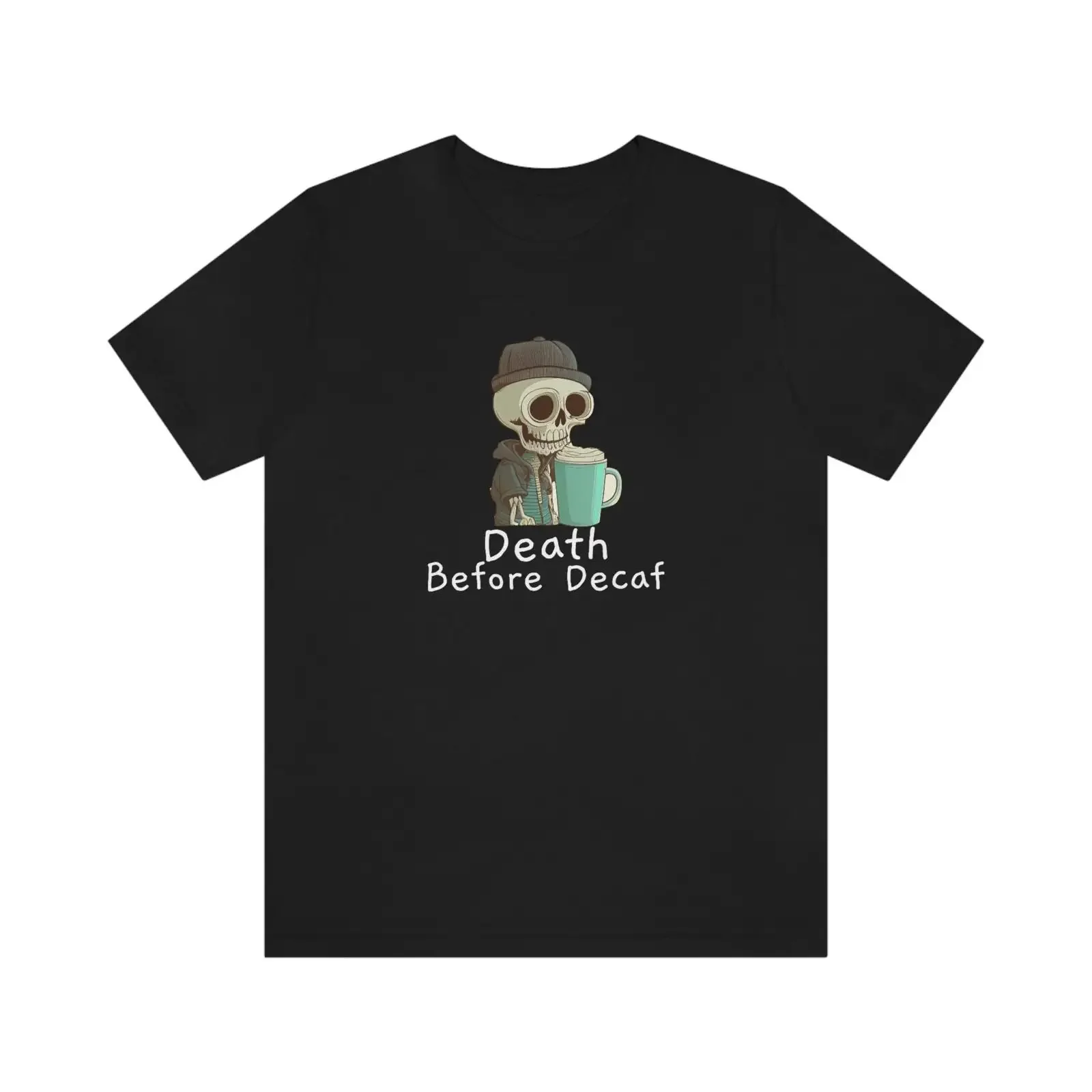 Death Before Decaf Skater Style Skeleton Drinking Coffee T Shirt  Grim Beanie Latte Funny  vintage Washed homme Soft Slightly