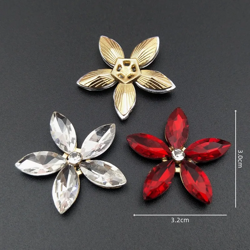 Red Rhinestone Flower Button Embellishments 20pcs Factory Metal Applique Buttons for DIY Jewelry Accessories Wholesale Supplier