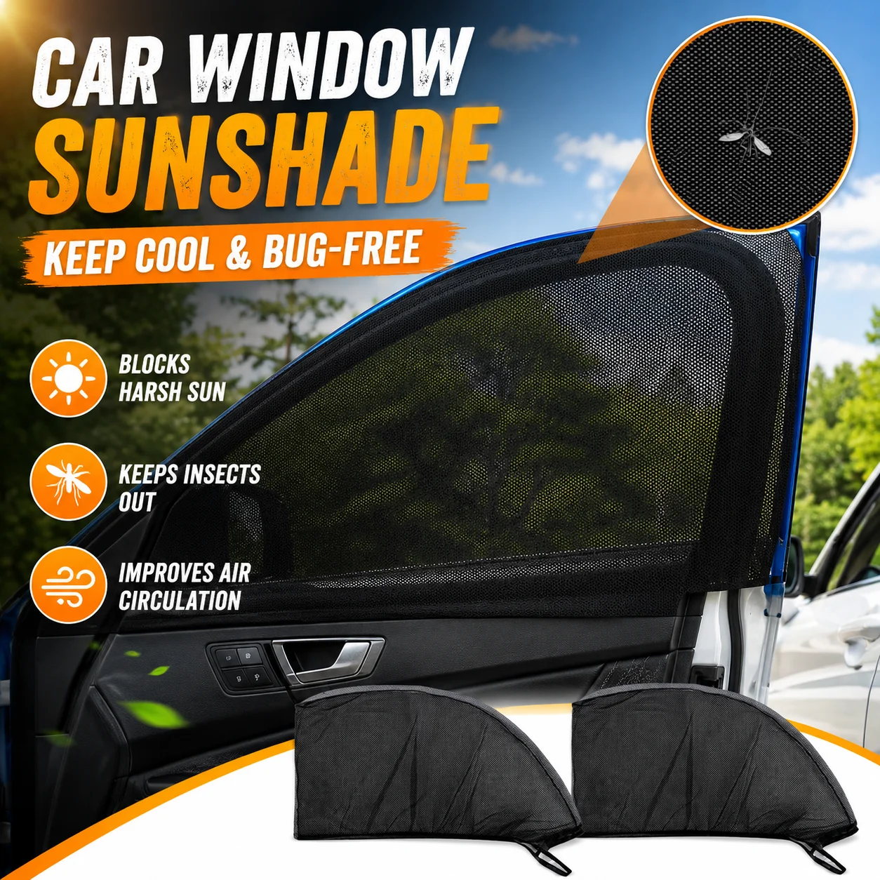 Car Window Sunshade Mesh Screen UV Protection Bug Net Curtain Block Sunlight Keep Insects Out Breathable Car Window Sun Shade