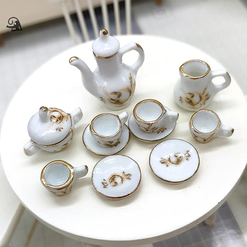 11Pcs/set 1:12 Dollhouse Miniature Ceramic Brown Rose Teapot Tea Set Wine Set Tableware Mini Tea Cup Wine Glass Model Decor Toy