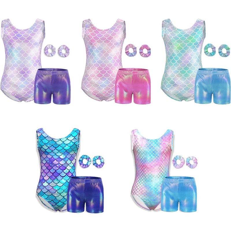 

Гимнастические балетные трико для девочек, детские блестящие наряды без рукавов с рисунком русалки и шортами, повязка для волос ﻿