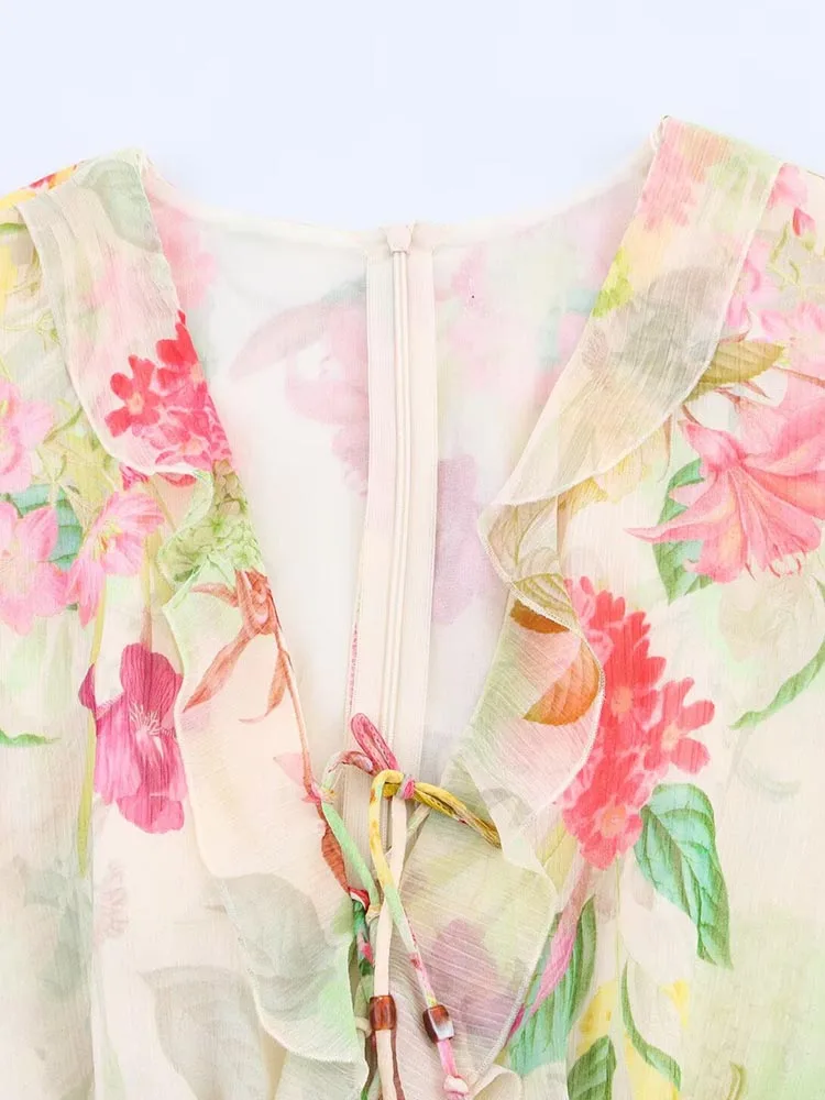 2025 Women Summer MIDI Tank Dress Fashion V-Neck Ruffles Hollow Out Chiffon Female Elegant Street Thin Dresses Clothing