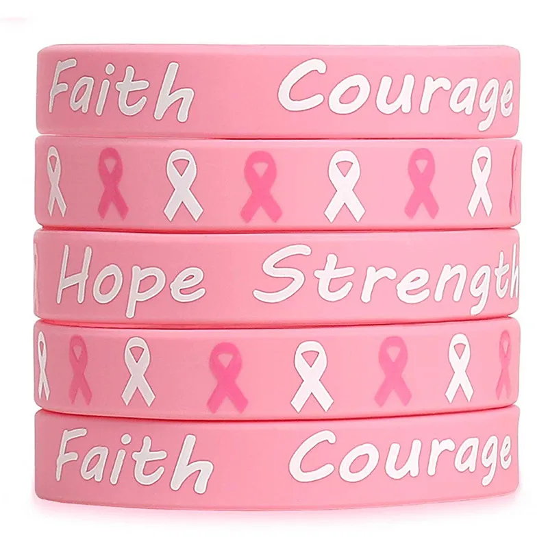 1pc/2pcs Breast Cancer Awareness Pink Ribbon Faith Courage Hope Strength rubber bracelet silicone wristband