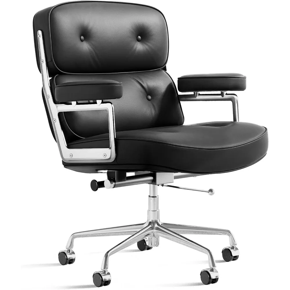 

Genuine Leather Executive Chair Mid Back Office Desk Chair Aluminum Alloy Frame Thick Plush Cushion Lumbar Support Swivel