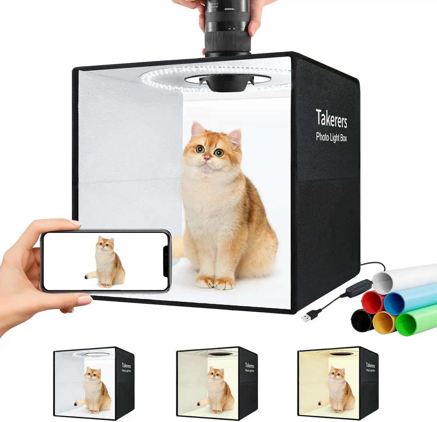 

Складной фотостудийный световой бокс 16x16x16 дюймов с 120 светодиодами, регулируемой цветовой температурой и 6 фонами для предметной съемки