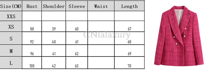 CNlalaxury 2024 Woman Casual Tweed Blazer Long Sleeve Double-breasted Spring Autumn Outerwear Female Commute Coat Pocket