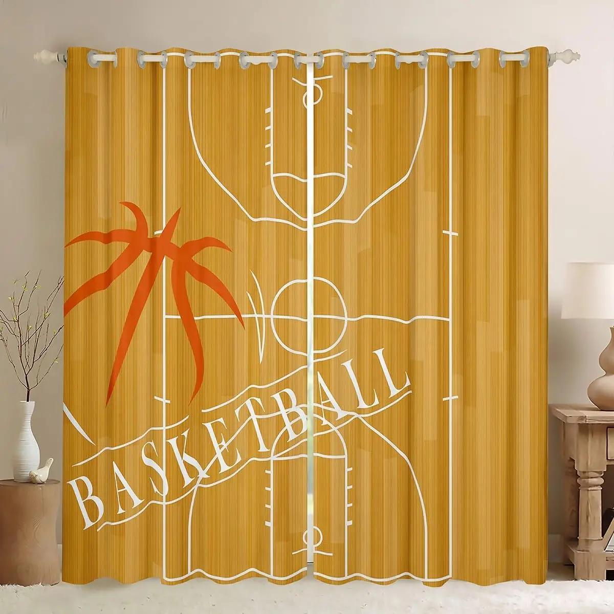 2 Panel Black Line Sports Curtain Skateboard Basketball Baseball Football Curtain Boys Bedroom Kitchen Window Grommet Top Drape