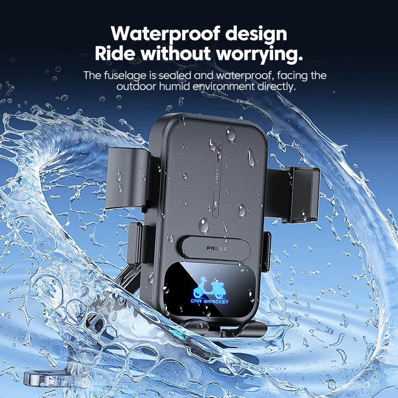 Bloqueo automático impermeable del soporte del teléfono de la motocicleta de la carga inalámbrica 15W, 360 °   Rotación con sombrilla y a prueba de golpes para navegación