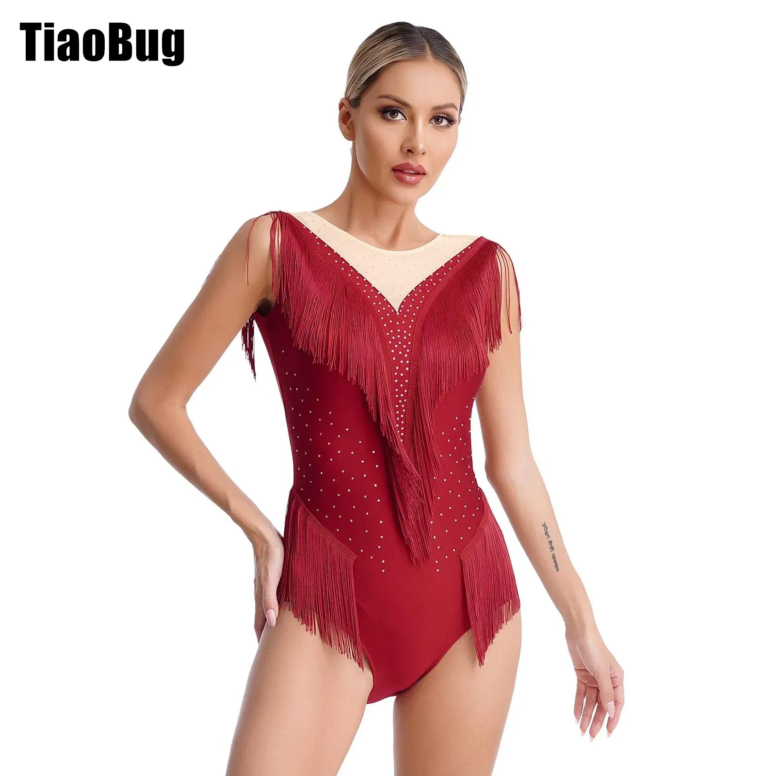 

Womens Tassel Dance Leotard Sparkly Rhinestone Fringed Performance Costume Sheer Mesh Patchwork Sleeveless Tango Latin Bodysuit