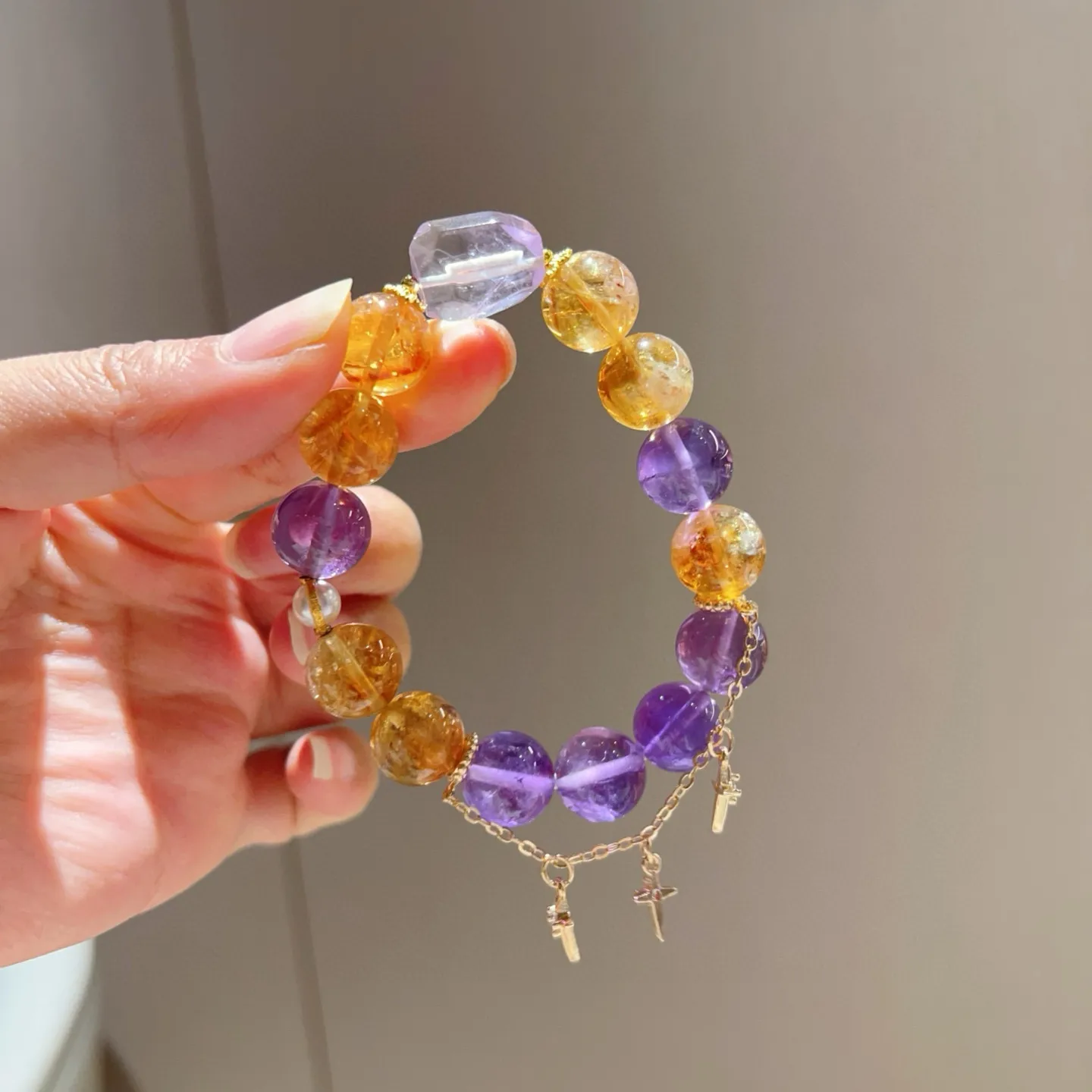 Natural Amethyst Citrine Bracelet, Color Clash Design Style, Good Luck Charm Bracelet