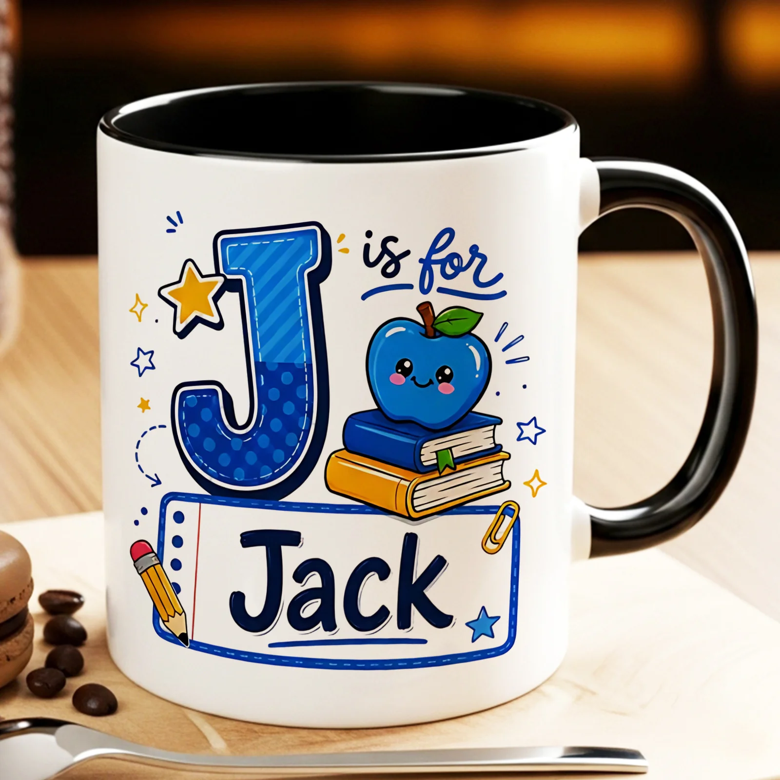 Personalized Back To School Coffee Mug 11oz Custom Name J for Jack Ceramic Tea Cup Gift for Teacher Student Halloween Thanksgivi