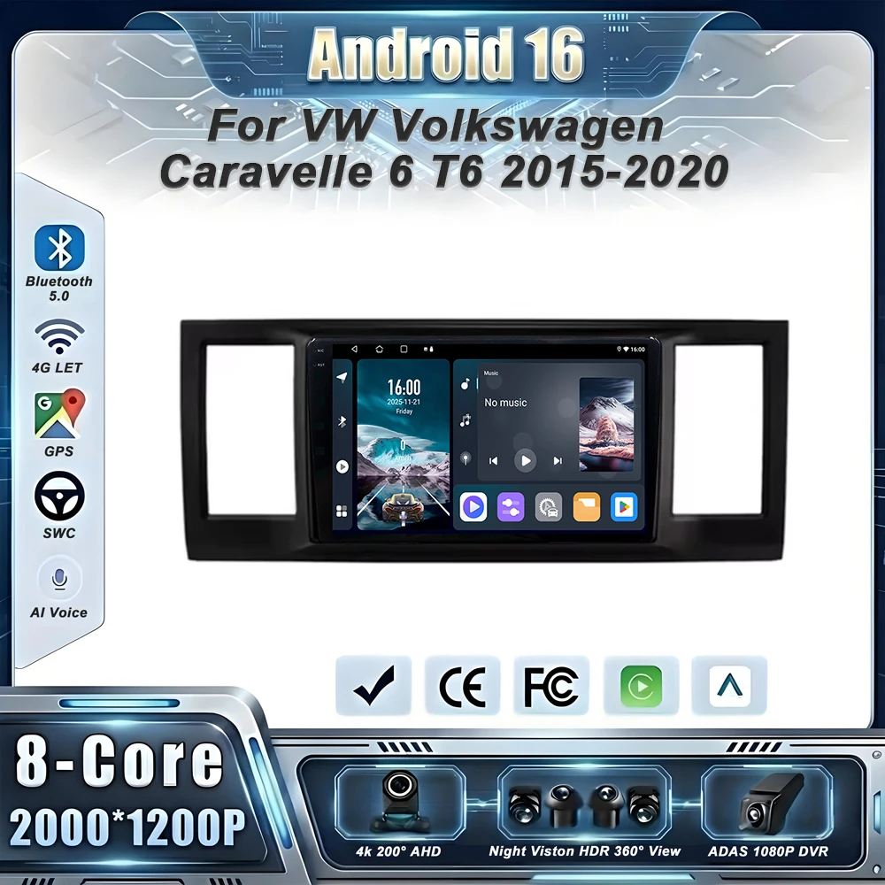 Android 16 Car Radio Carplay For VW Volkswagen Caravelle 6 T6 2015-2020 Stereo Head Unit Multimedia Player No 2din QLED Screen