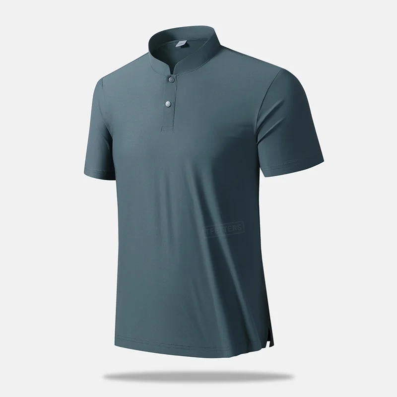 Summer 2026 Mandarin Collar Sporty T-shirt Men Ice Silk Quick Dry Short Sleeve Cooling Smooth Fabric Split Hem Stretch T Shirt