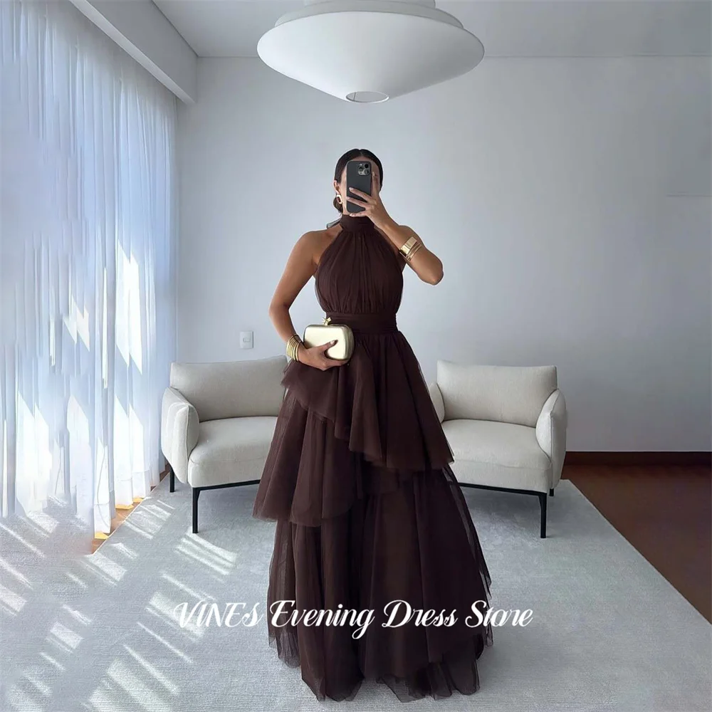 

Коричневое выпускное платье VINES с открытой спиной, на бретелях, из многослойного фатина, в стиле знаменитостей, сексуальное вечернее платье без рукавов, А-силуэт, на заказ