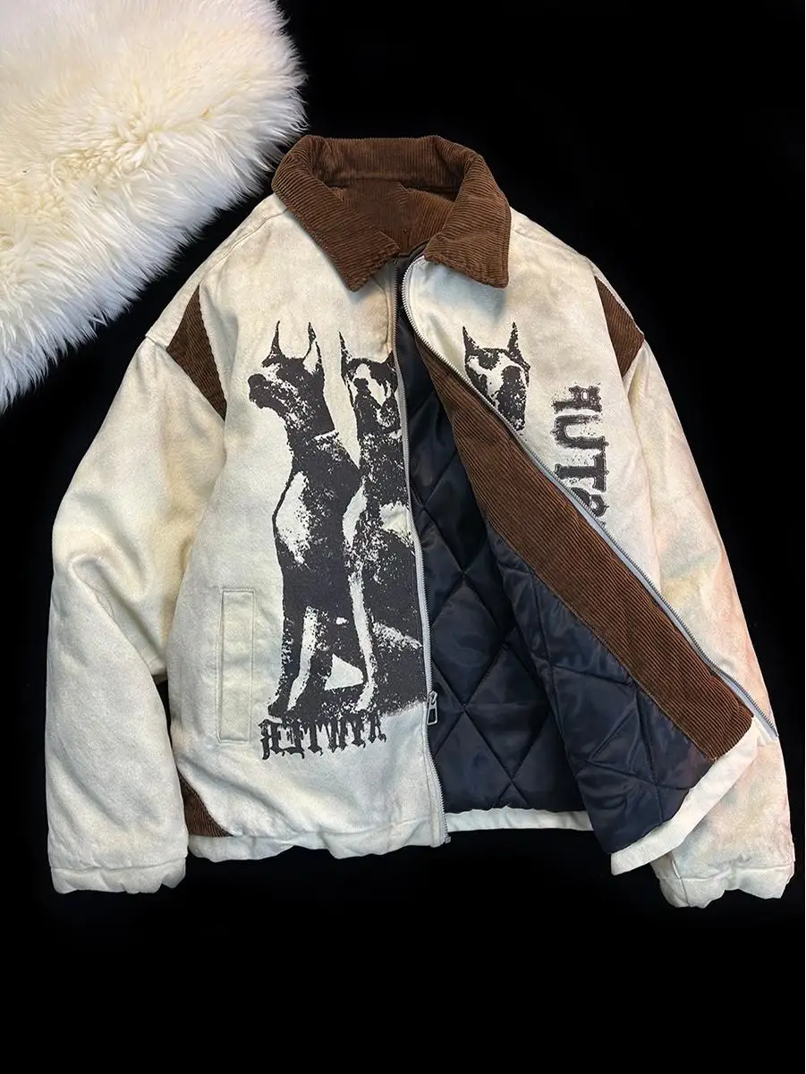 

Retro American Vintage Waed Cotton Jaet Thiened Warm Outerwear for Men And Women Loose Fit Printed Youth Faion Winter...