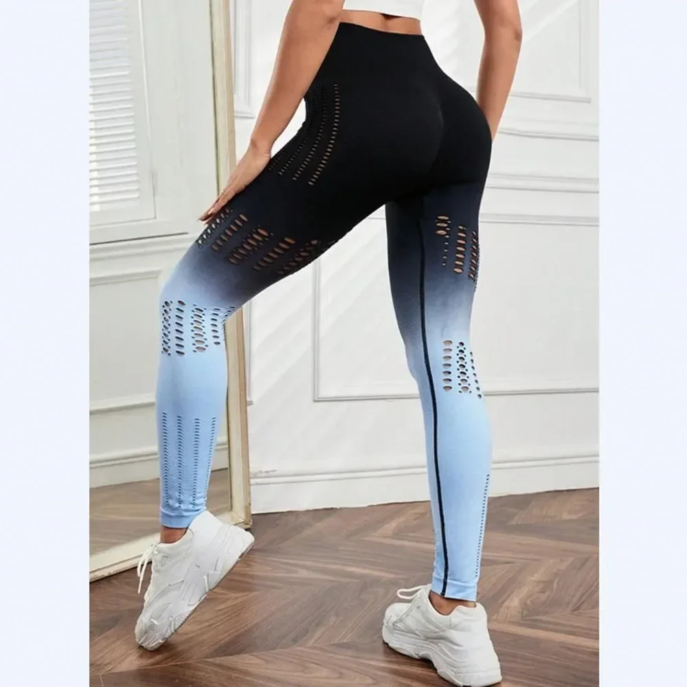 Leggings esportivas gradiente sexy feminino, calça oca sem costura, calças justas de cintura alta, controle de barriga, treino de ginástica, roupas fitness, 2024