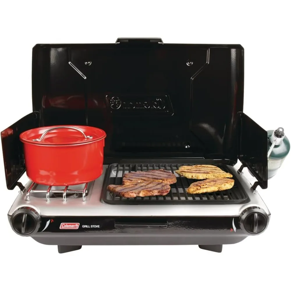 Tabletop 2-in-1 Camping Grill/Stove, 2-Burner Propane Grill & Stove for Outdoor Cooking with Adjustable Burners & Pressure