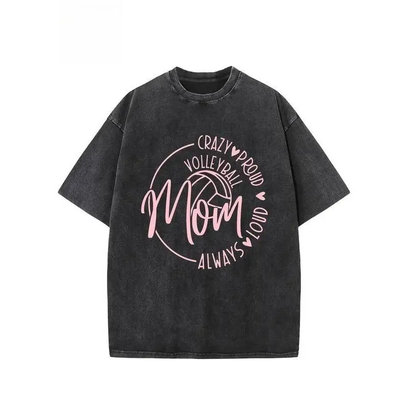 

Volleyball Mom T-Shirt, Crazy Proud Loud Always Slogan Print, Vintage Washed Loose Oversized Casual Sport Top for Women