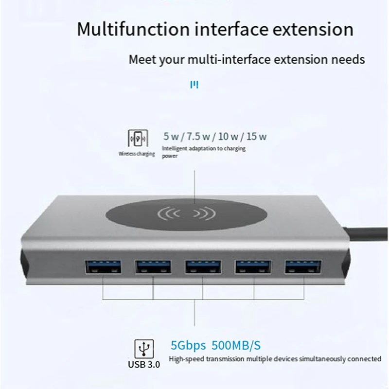 13-In-1 Type C Docking Station Adapter 15W Wireless Charger USB3.0Hub Hub PD100W Expander RJ45 Gigabit Network Card Easy To Use