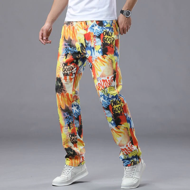 Hommes mode polyvalent imprimé cravate colorant pantalon hommes Baggy jambe droite jambe large haute rue Denim pantalon classique jaune pantalons de survêtement