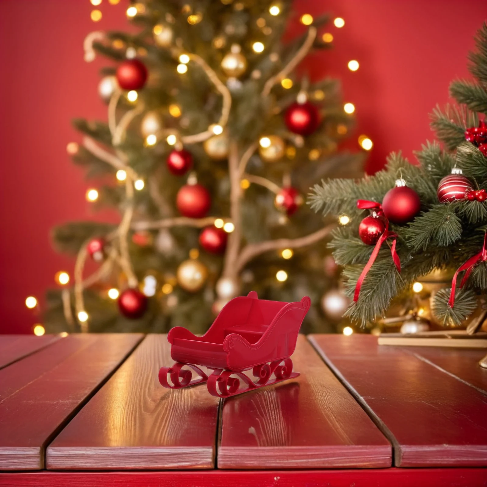 

2pcs Small Santa Sleigh Plastic Christmas Decoration Mini Holiday Sled For Under Tree Tabletop Centerpiece Candy Holder Bowl