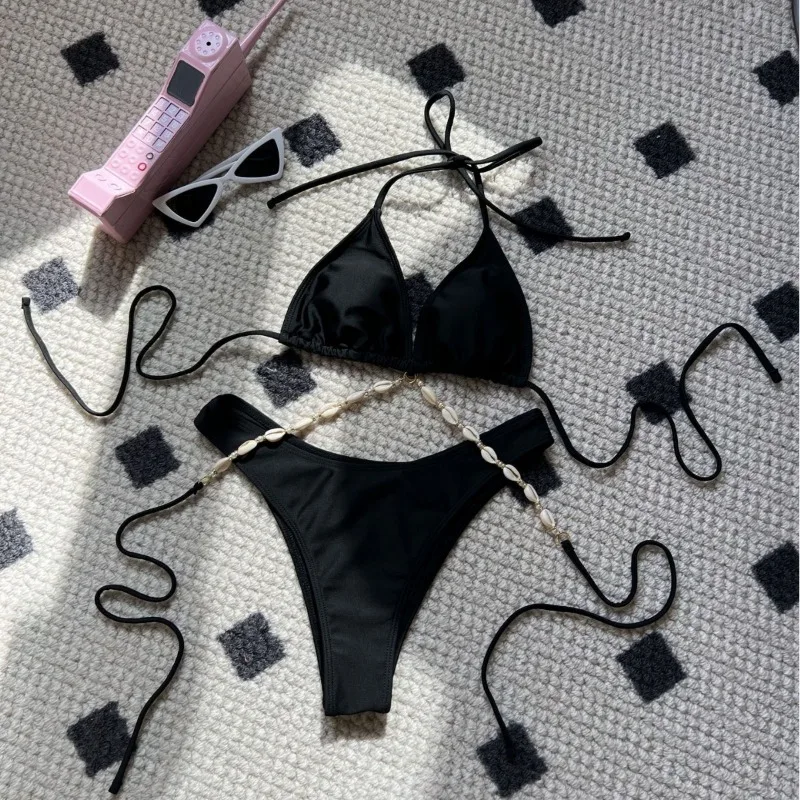 

Triangle Thong Bikini Set Chain Linked Swimsuit Women Swimwear Female Sexy Bathers Bathing Swimming Push Up Swimsuit Beachwear