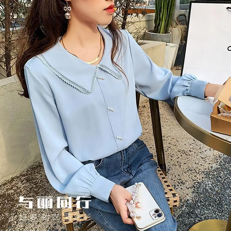 Spring Autumn New Fashion Doll Collar Long Sleeve Blouse Women High Street Casual Button Pullovers Vintage Elegant All-match Top