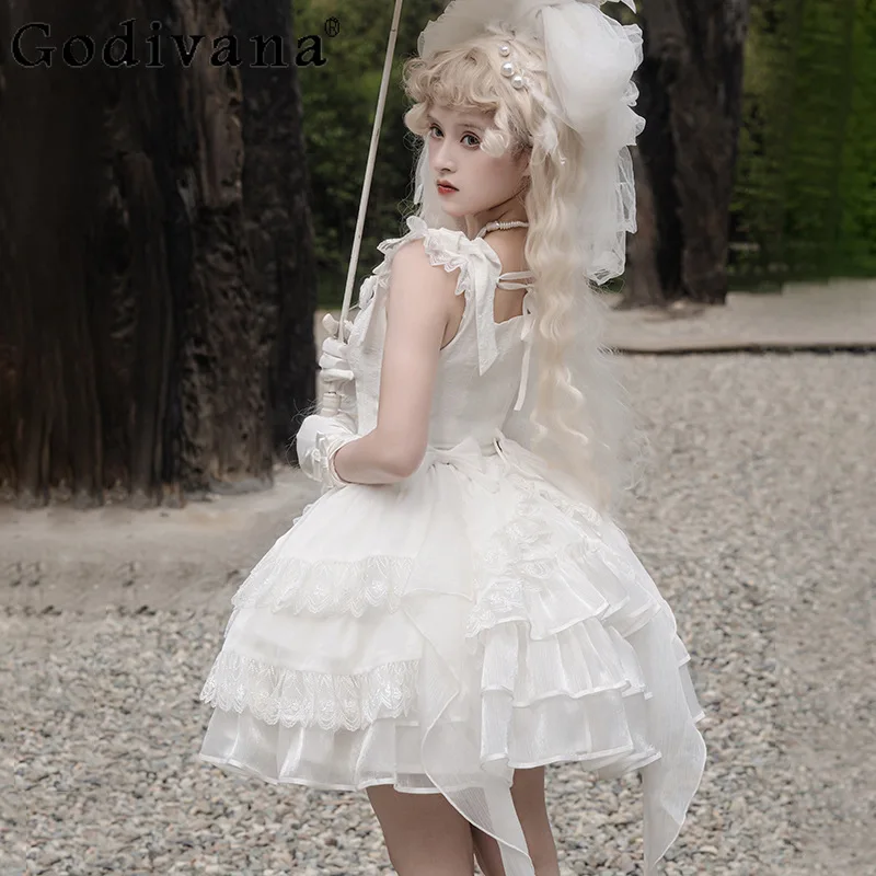 

Gothic Lolita Fly Sleeve Op White Fishbone Short Dress 2025 Summer New Square Neck Three-dimensional Rose Lace-up Cake Dresses