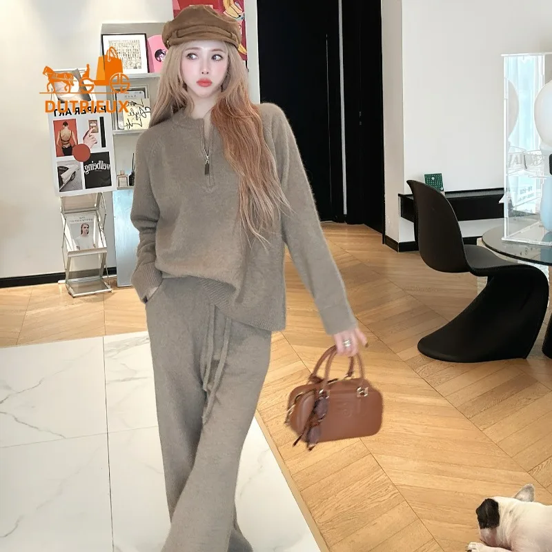 Winter New Sweater Suit for Women, Simple and Elegant Loose Version 100% Wool Suit Soft Cashmere Sweater Top Warm Women Party