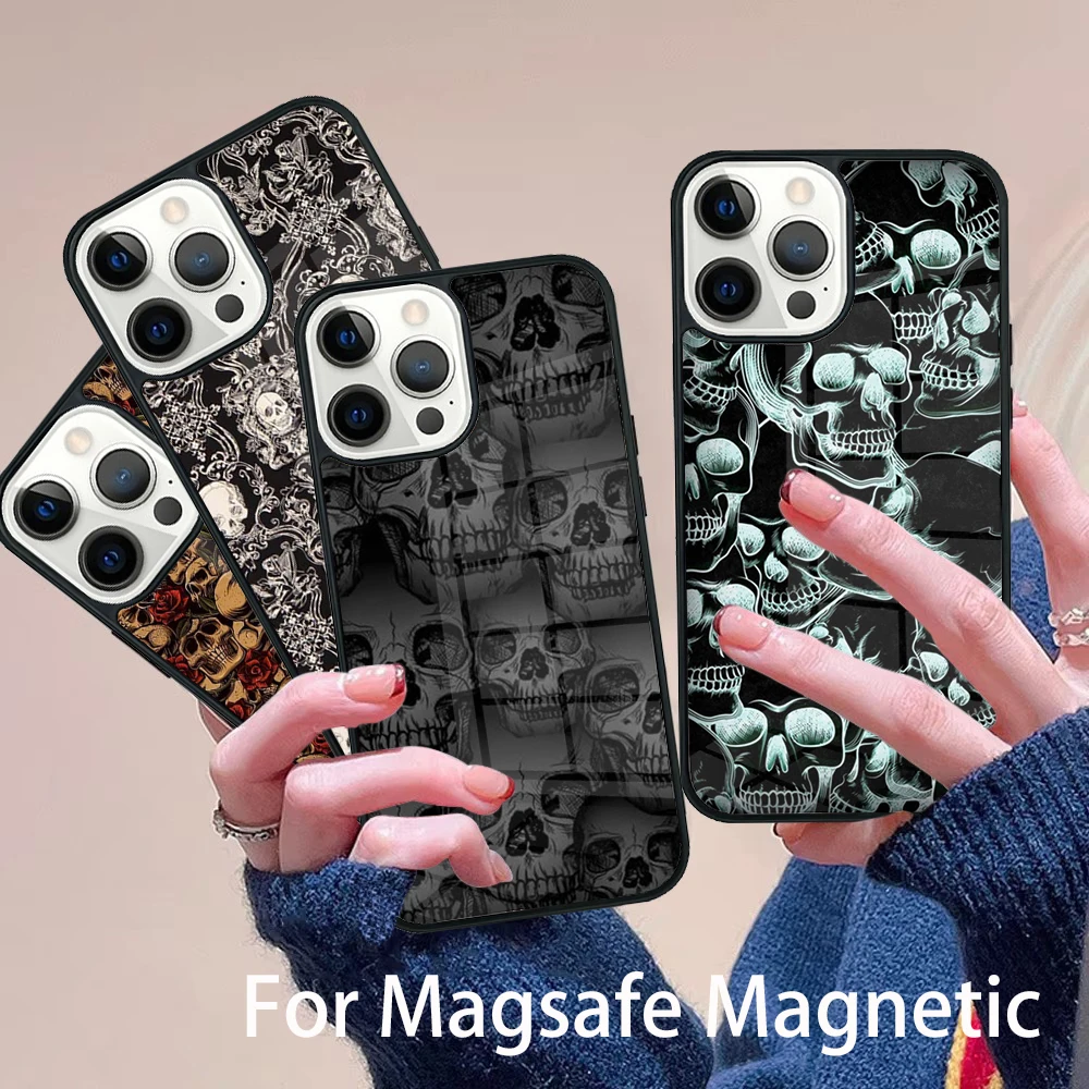 

Gothic Fashion Skull Phone Case Magesafe Magnetic Wireless Charge Cover For IPhone 16 11 12 13 14 15 Pro Max Plus Mini