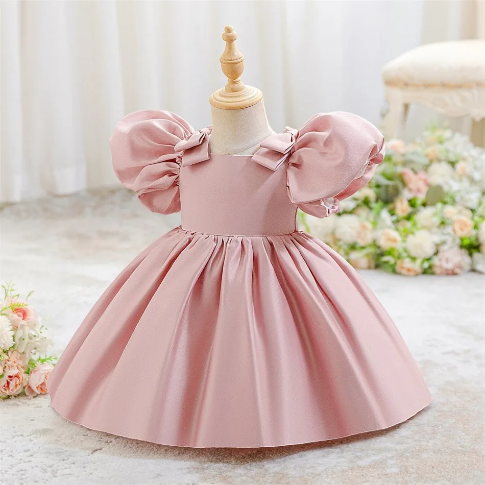 Girls Pink Satin Ball Gown with Puff Sleeves and Bows Formal Dress for Birthday Party Special Occasion and Holiday Parties ASQ03 view 2