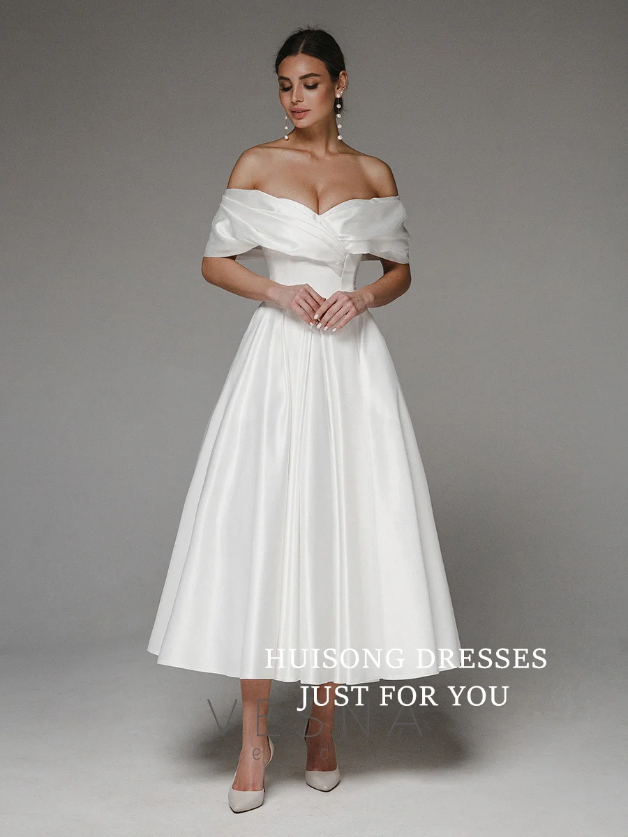

HUISONG Customized Satin Midi Wedding Dresses Off the Shoulder Sleeveless A-Line Tea-Length Beach Bridal Gown свадебное плать