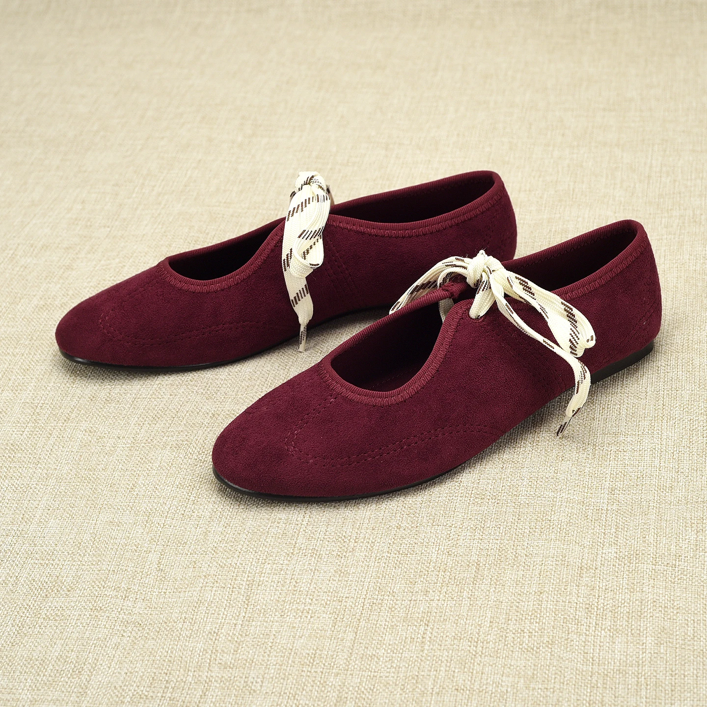 New ZA Women's Ballet Flat Shoes Wine Red Fashion Soft Bottom Brushed Surface round Head Lace up Casual Single Shoes
