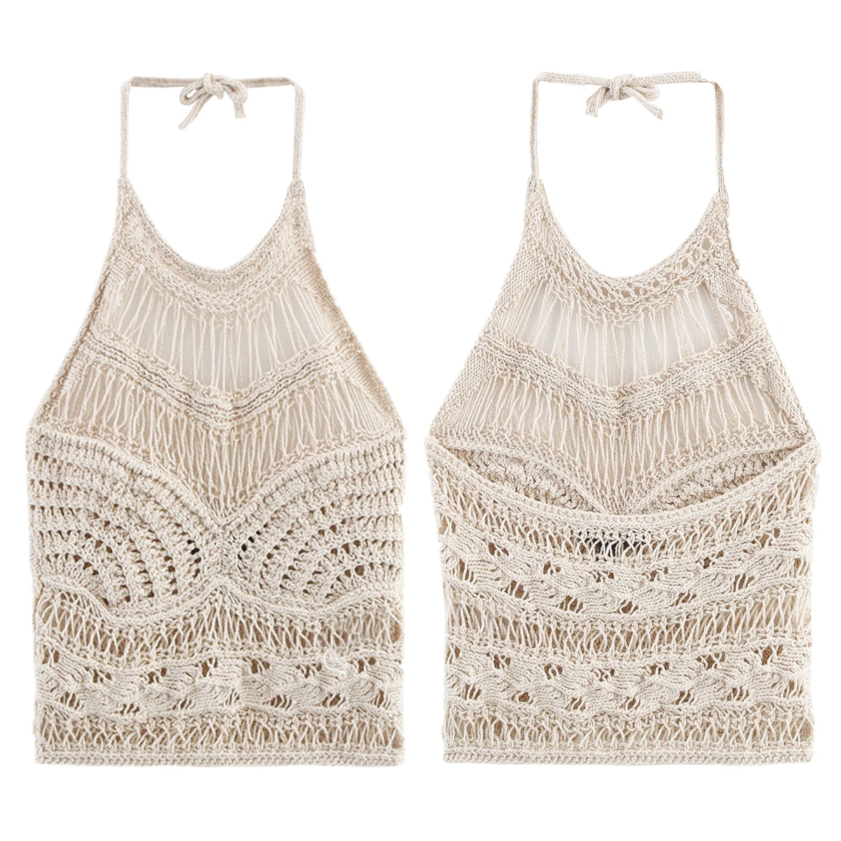 

Dave&Di Fashion Girls Minimalist Beige Crochet Halter Neck Top Sexy Backless Hollow T-shirt For Women Summer Blouse Shirt