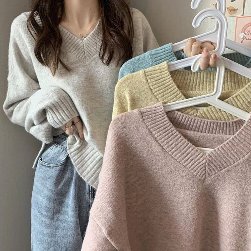 

Корейский свитер с длинным рукавом и v-образным вырезом, женский осенне-зимний свободный теплый вязаный трикотаж, женский однотонный универсальный шикарный джемпер женский