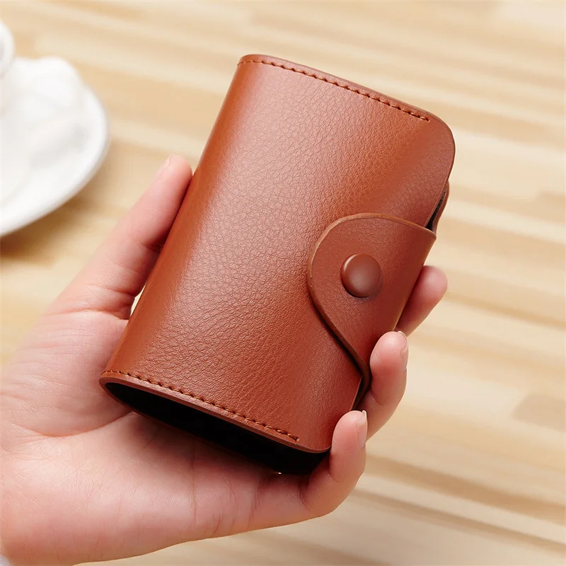 

Cowhide Business Credit Card Holder with 12 Compartments Women's Solid Color Wallets Fashion Buckle Short Purse Coin Pouch