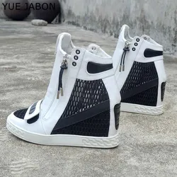 Fashion Height Increasing Patchwork Ankle Boots Woman Cuts Out Side Zip Casual Shoes Wedge Black Sneakers Black White Mixed