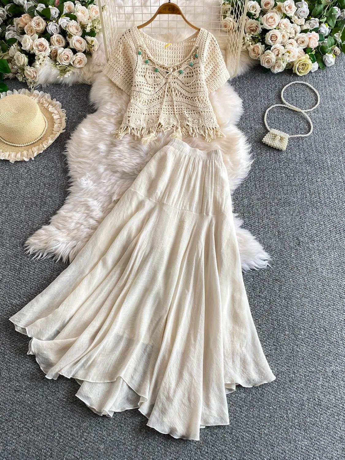 Beach Vacation Style Sweet Tassel Beaded round Neck Top Asymmetrical Elegant Full Skirt Two-Piece Set Women's Fashion