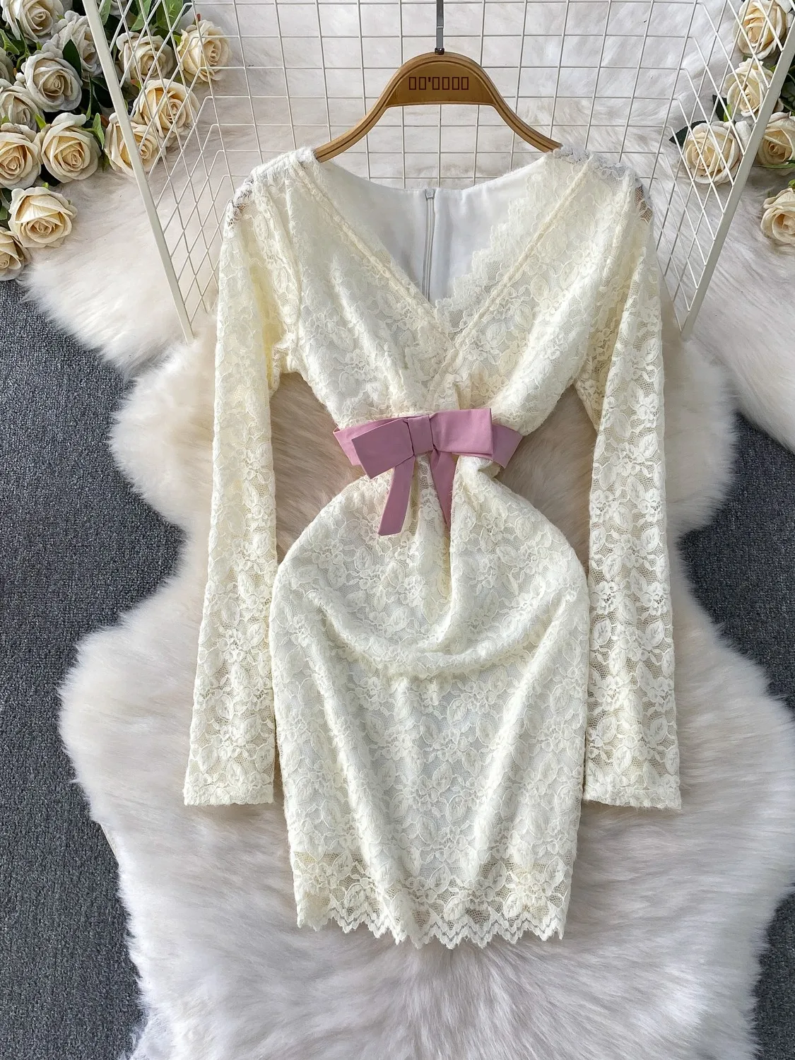 Ele الدانتيل طويل Sve V-ne Dr المرأة الخريف الشتاء تصميم عقدة الخصر التخسيس ort تنورة Bodycon Dr #1